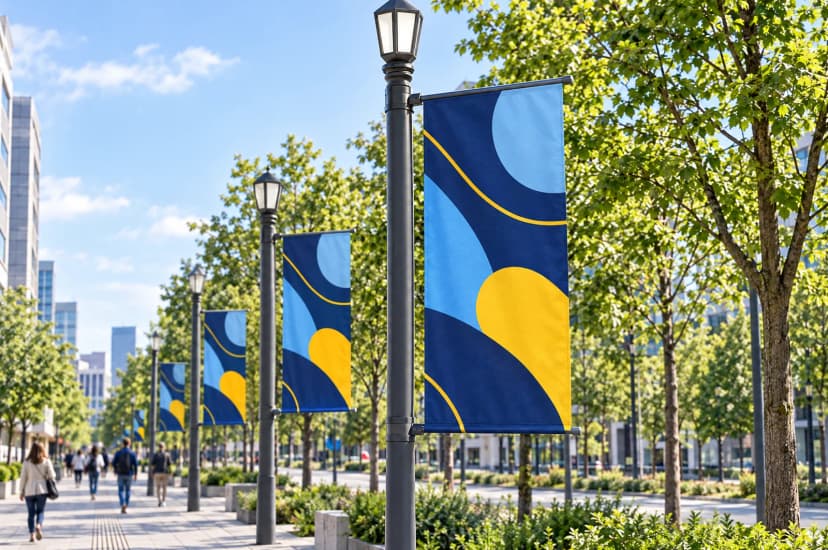 Visualisierung: große Avenue-XL-Fahnen an Lichtmasten eines Boulevards
