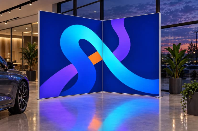 Visualisierung: zwei LED-Backlight-Wände, mit 90°-Verbinder zu einer Ecke verbunden, in einem Showroom