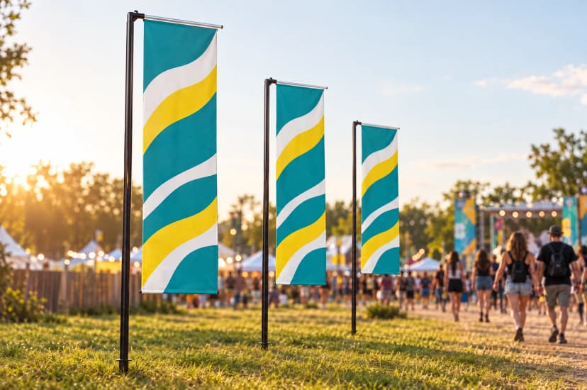 Visualisierung: drei Beachflags H am Eingang eines Festivals