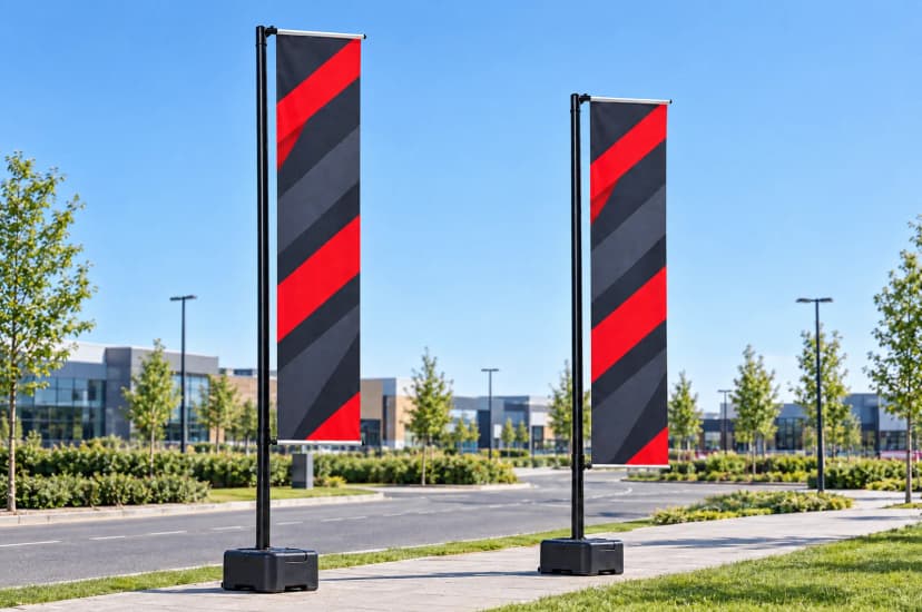 Visualisierung: zwei Beachflags H 430 cm auf Wassertanks an der Einfahrt eines Fachmarktzentrums
