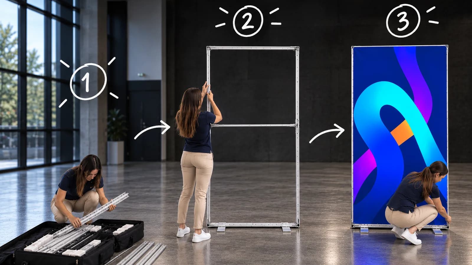 Aufbau einer LED BOX Wand in drei Etappen: Profile aus dem Koffer, montierter Rahmen mit Querstrebe und eingesetzte beleuchtete Grafik