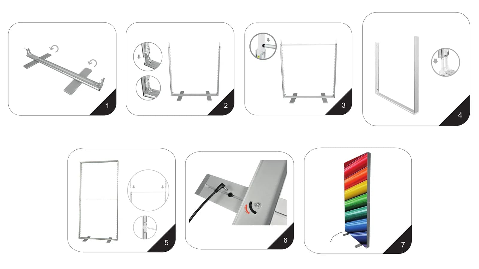 Zeichnungen der LED BOX Aufbauanleitung: Füße drehen, unterer Rahmen, Querstrebe, oberer Rahmen, Rahmen verbinden, Netzteil und Grafik