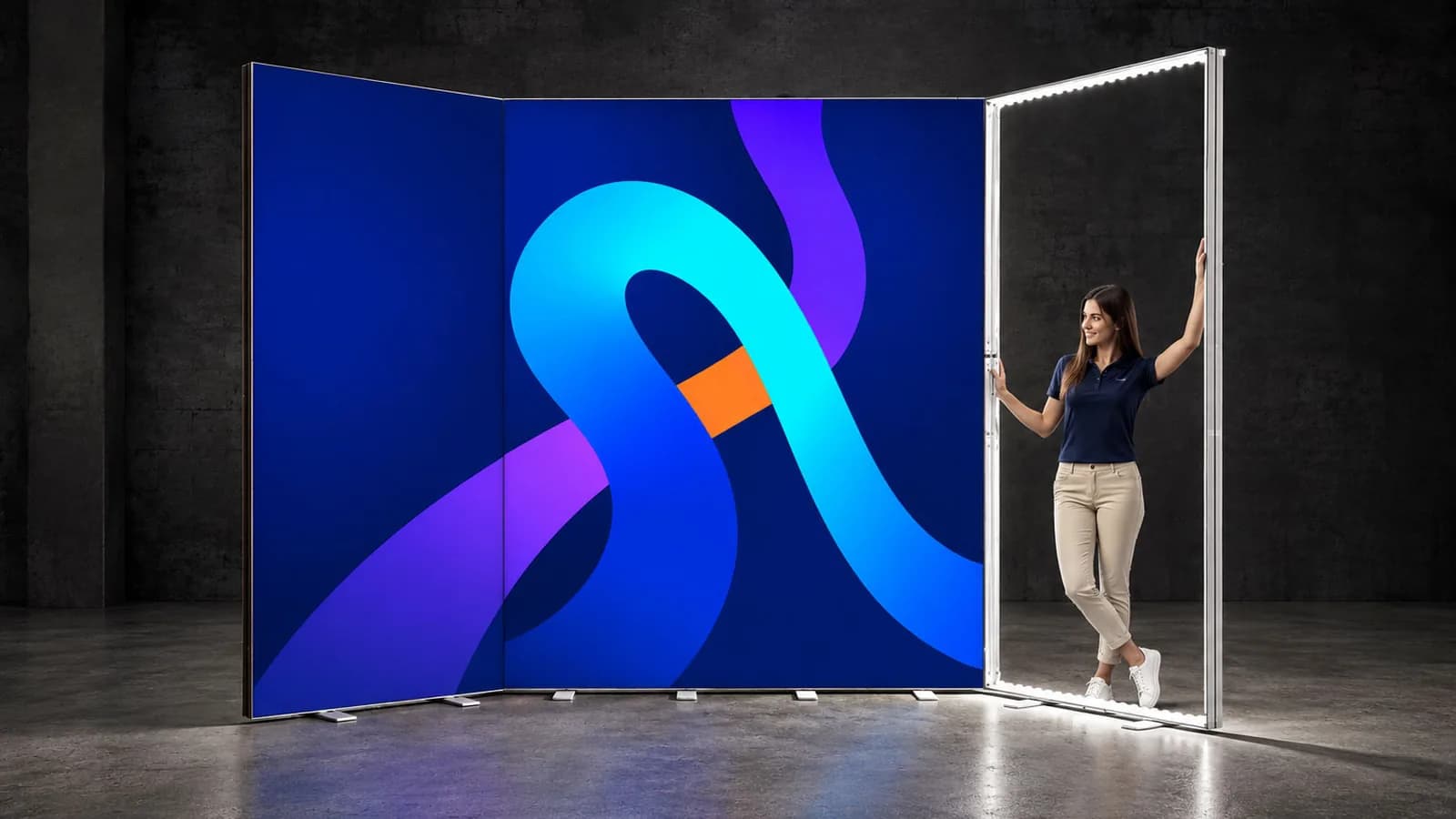 Aufbau aus verbundenen LED BOX Wänden mit einem Grafikmotiv neben einem leuchtenden Rahmen ohne Stoff, in dem eine Frau steht