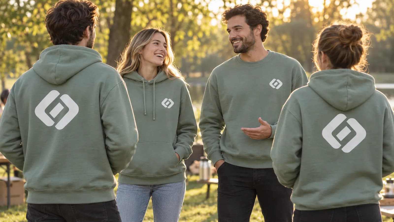 Team bei einem Firmenevent in grünen Sweatshirts mit großem Logodruck auf dem Rücken