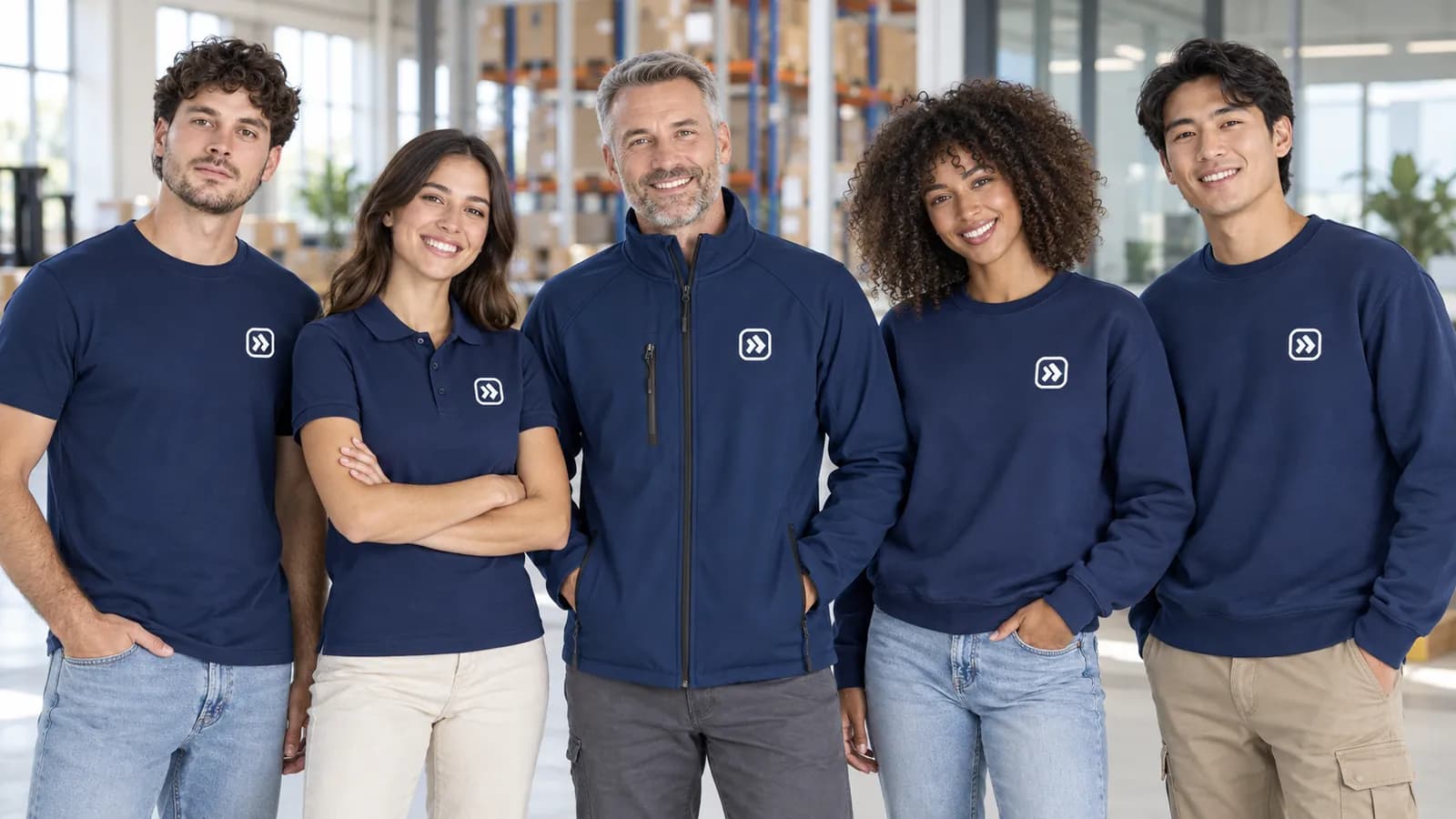 Team in marineblauer Firmenbekleidung mit Brustlogo: T-Shirt, Polo, Sweatshirt und Softshelljacke