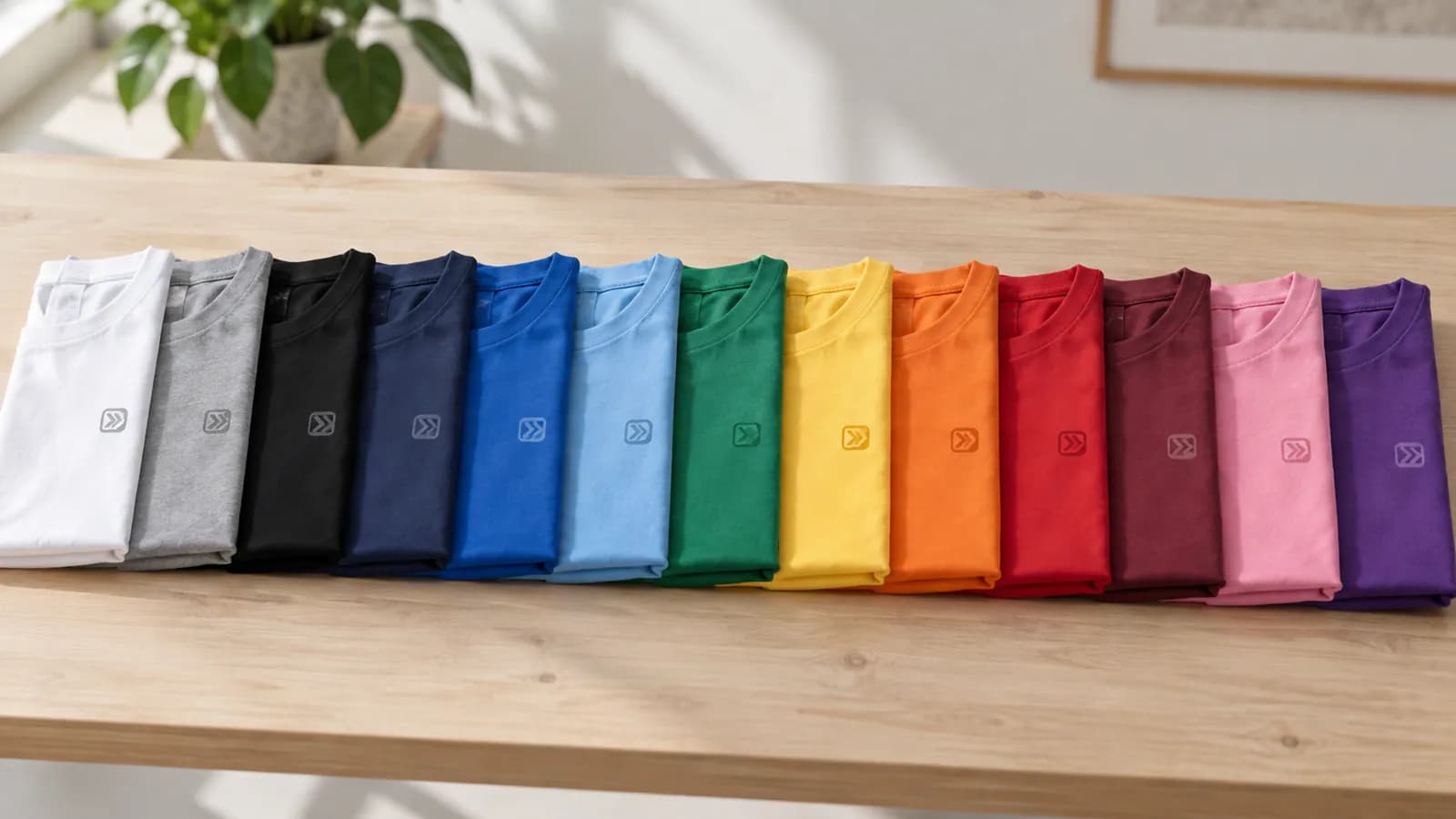 Gefaltete Baumwoll-T-Shirts in über einem Dutzend Farben, in einer Reihe auf einem Tisch