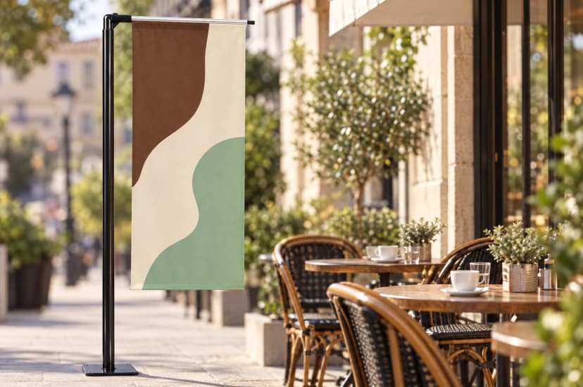 Visualisierung: H-Fahne auf einer Café-Terrasse, gespannt trotz Windstille