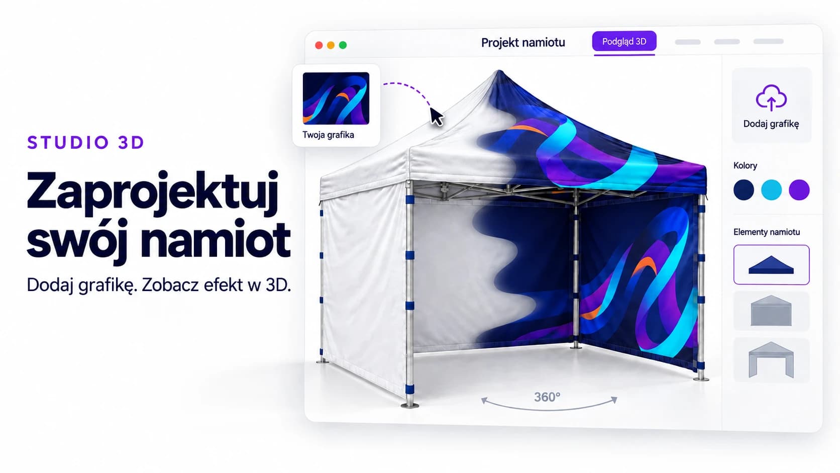 3D-Modell eines bedruckten Werbezelts im 3D-Studio-Konfigurator