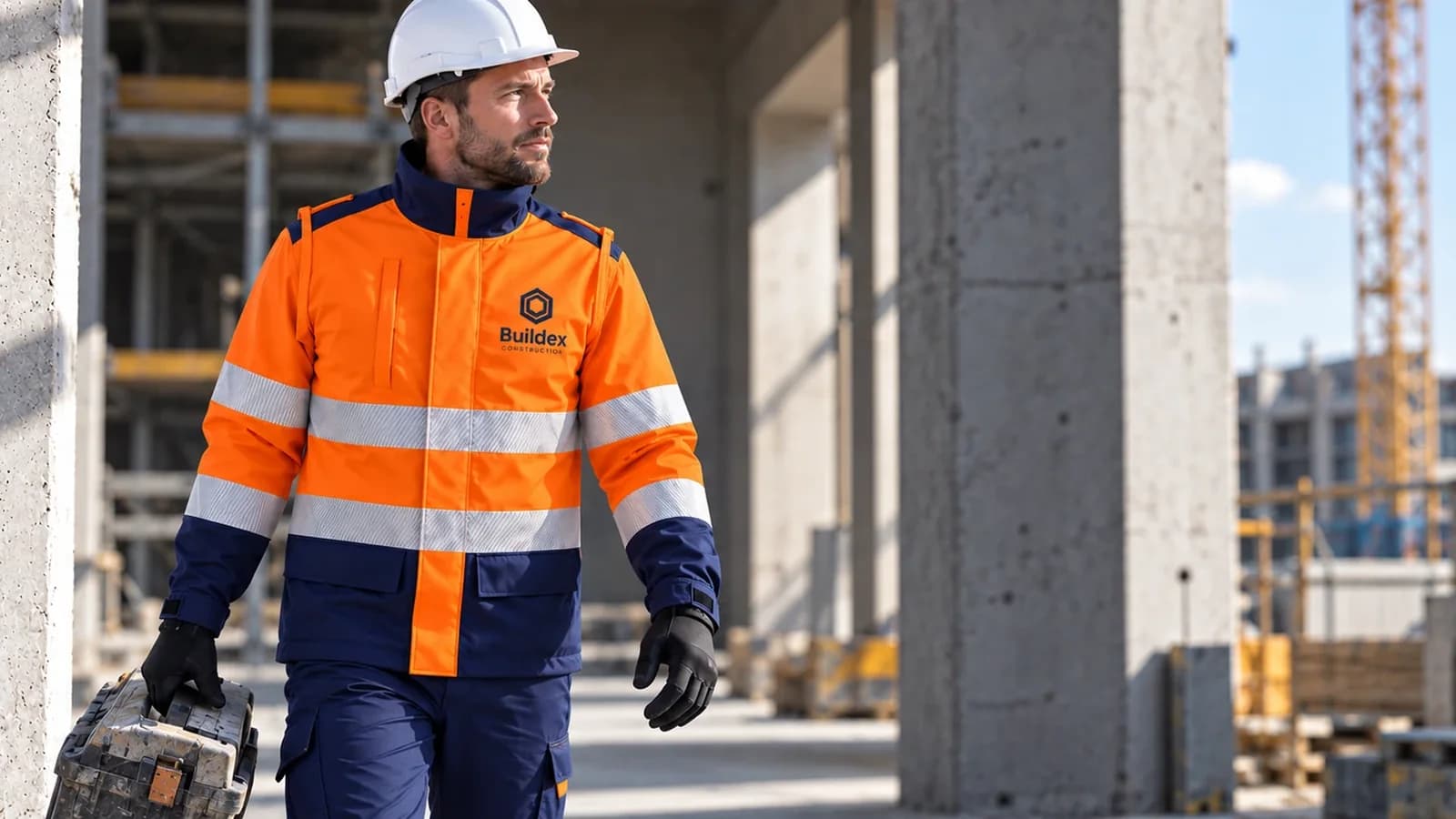 Bauarbeiter in Jacke mit Firmenlogo – Firmenbekleidung mit Druck