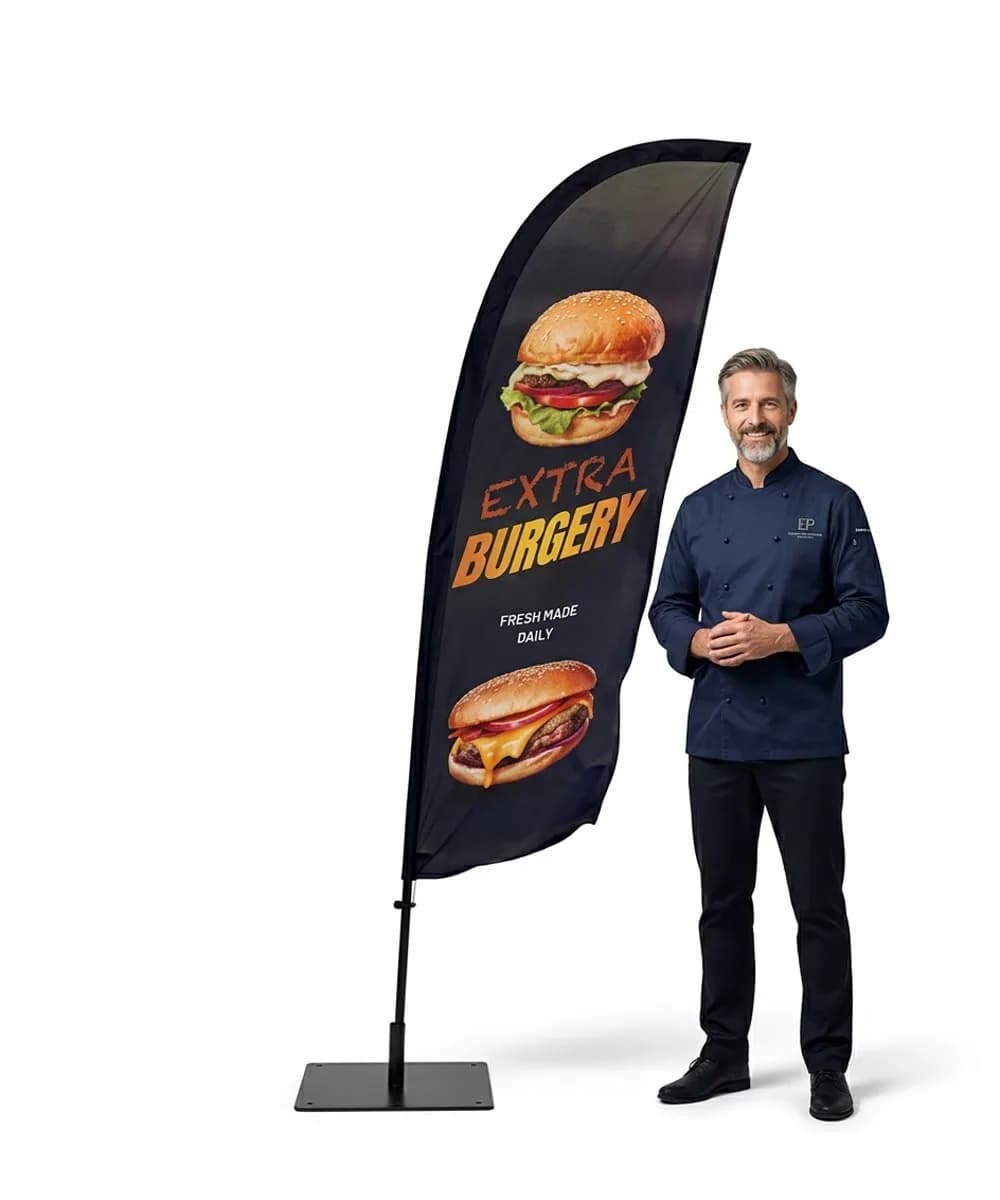 Werbefahne Winder – Hamburger Fastfood – Muster 1 – konfigurierbares Set