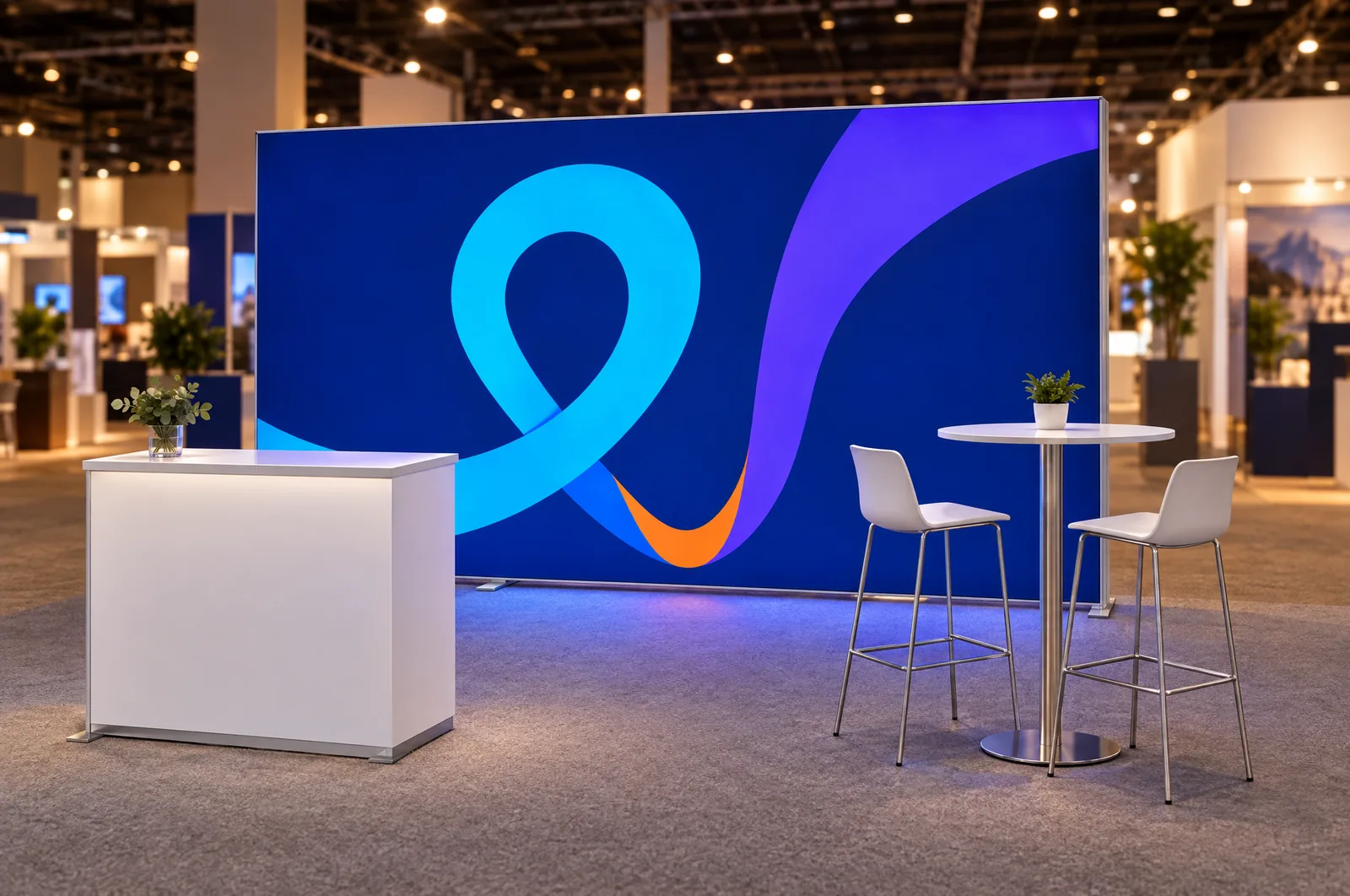 Visualisierung: beleuchtete LED-Backlight-Wand 300 × 250 cm als Hintergrund eines Messestands