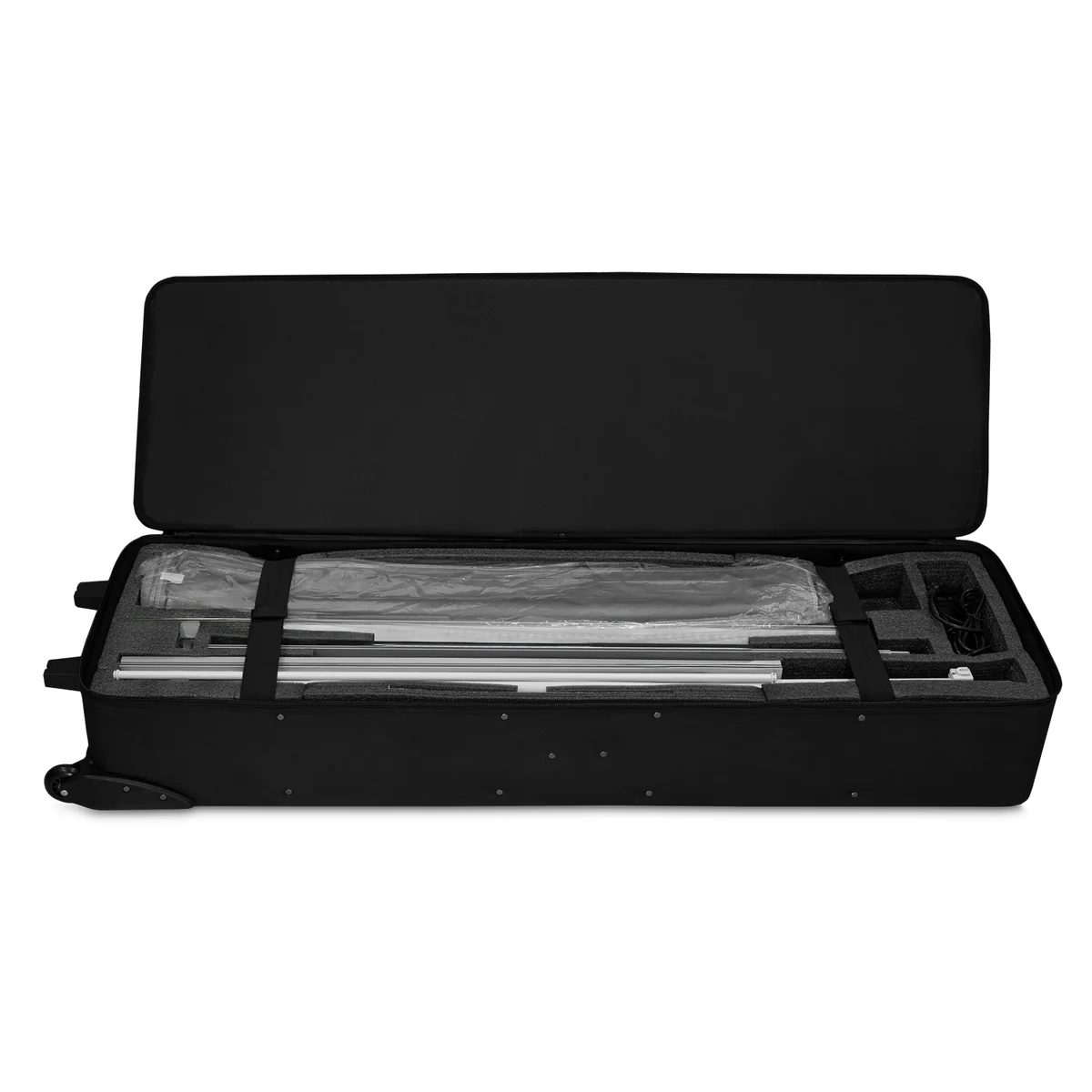 Geöffneter Rollkoffer mit dem Rahmen der LED-Backlight-Wand