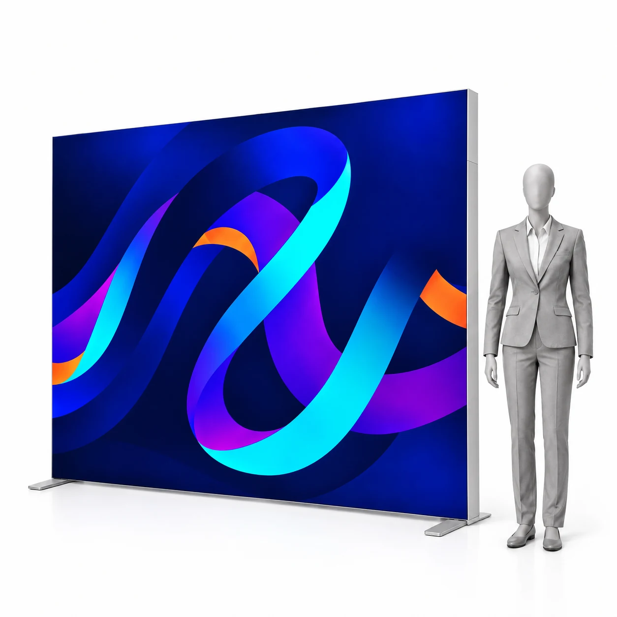 Leuchtwand LED BOX PLUS 300x200 cm mit Druck neben einer menschlichen Silhouette