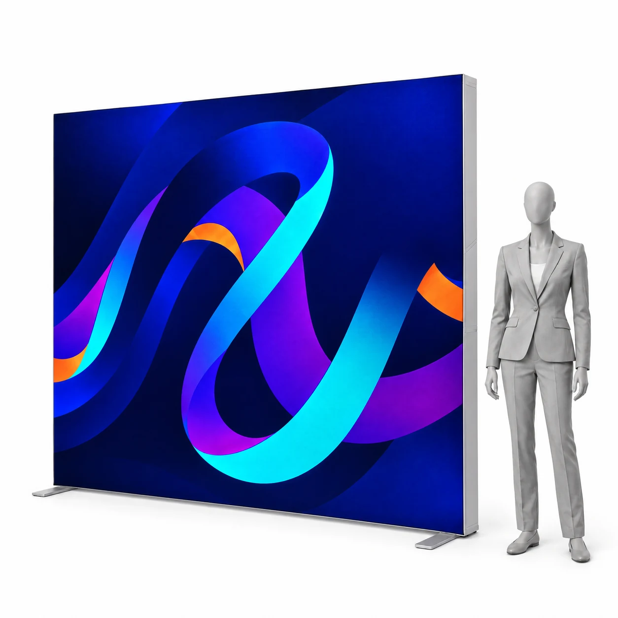 Leuchtwand LED BOX PLUS 300x240 cm mit Druck neben einer menschlichen Silhouette