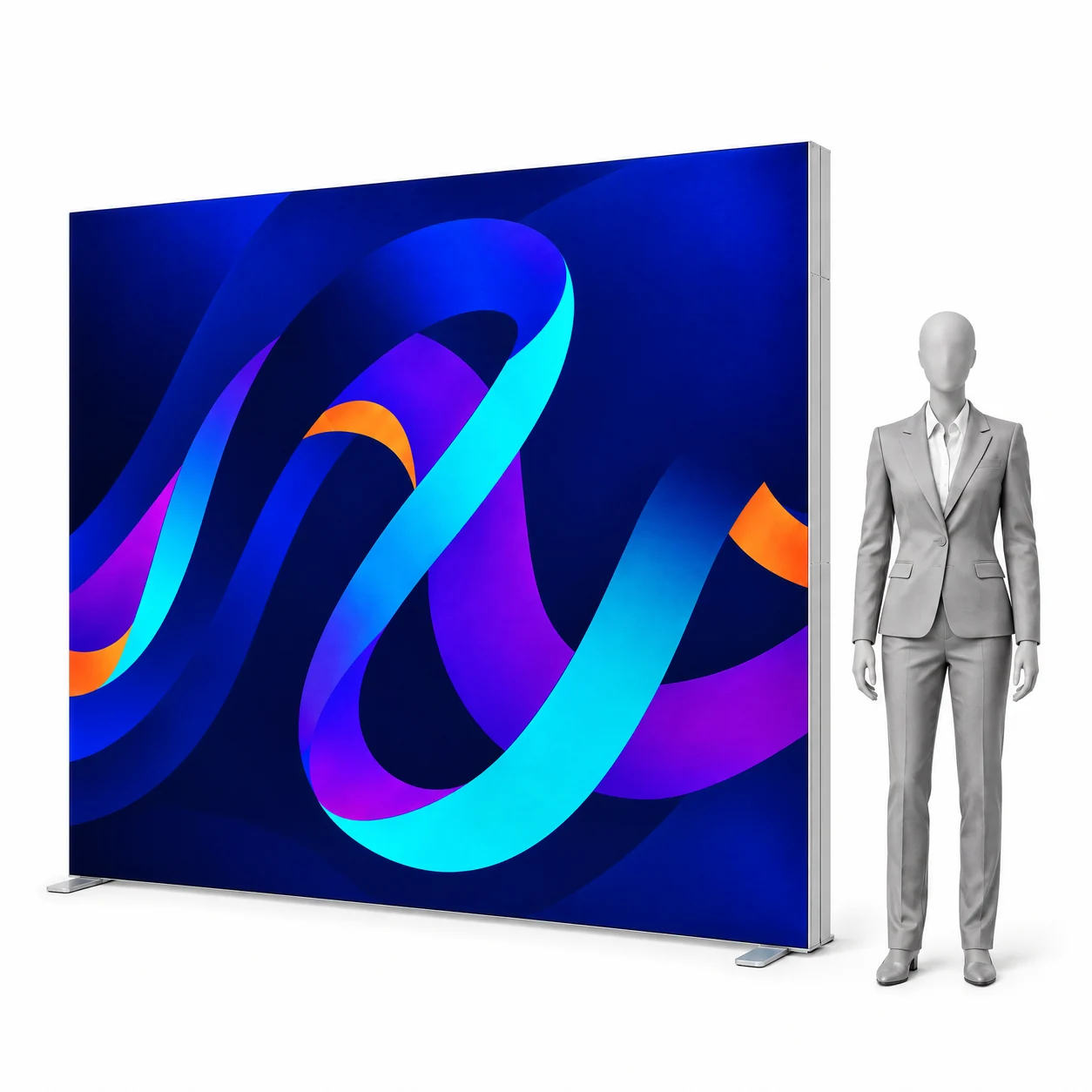 Leuchtwand LED BOX PRO 300x250 cm mit Druck neben einer menschlichen Silhouette
