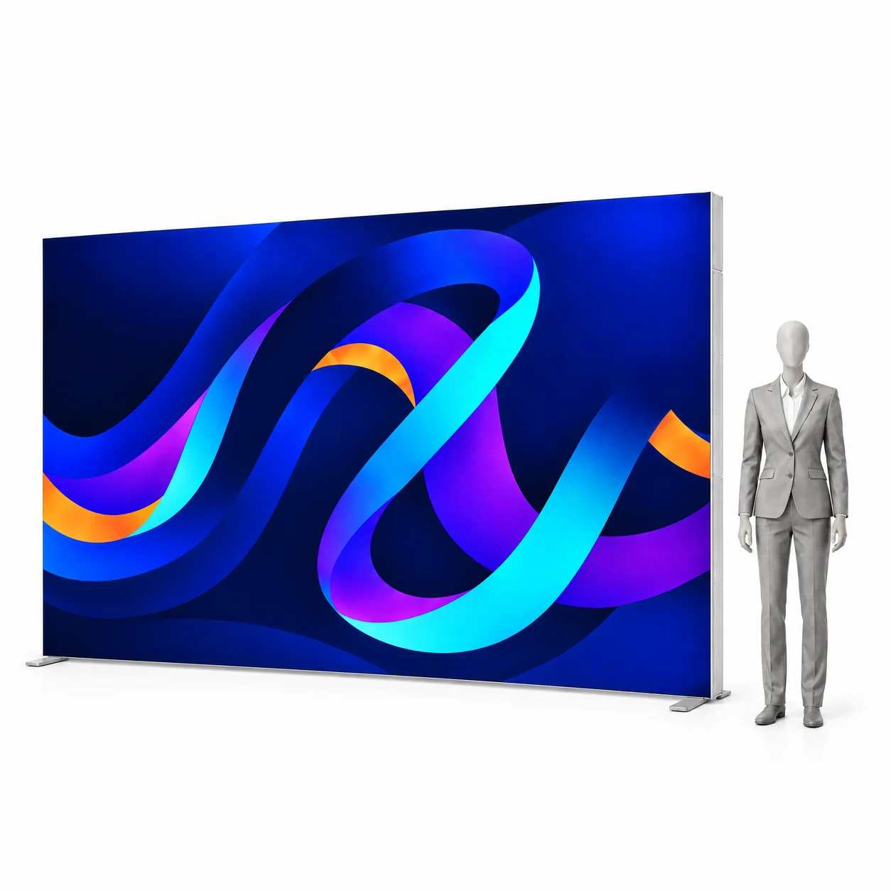 Leuchtwand LED BOX PRO 400x250 cm mit Druck neben einer menschlichen Silhouette