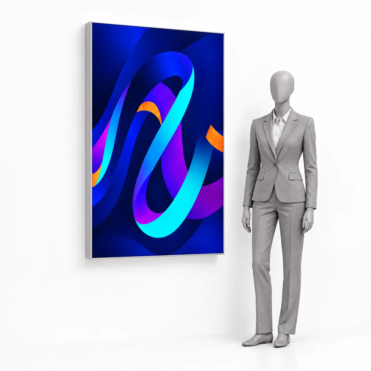 LED BOX Wandrahmen 100x150 cm mit Druck neben einer menschlichen Silhouette