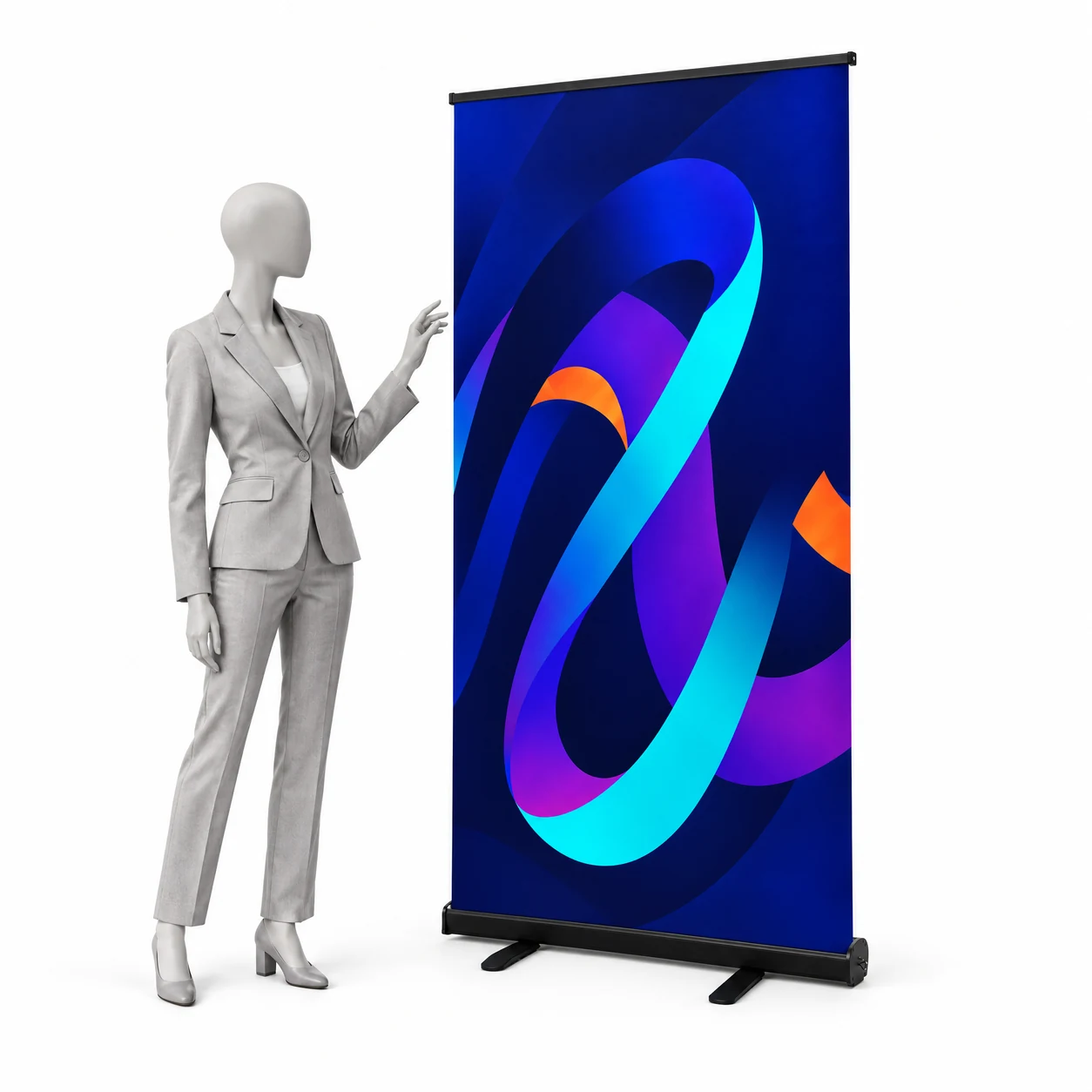 Roll-up Standard Black 85 × 200 cm mit Beispielgrafik neben einer menschlichen Silhouette