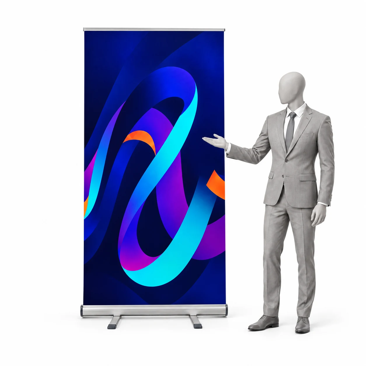 Roll-up Premium 80 × 200 cm mit Beispielgrafik neben einer menschlichen Silhouette