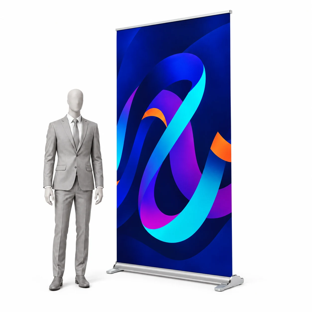 Roll-up Wave 85 × 220 cm mit Beispielgrafik neben einer menschlichen Silhouette